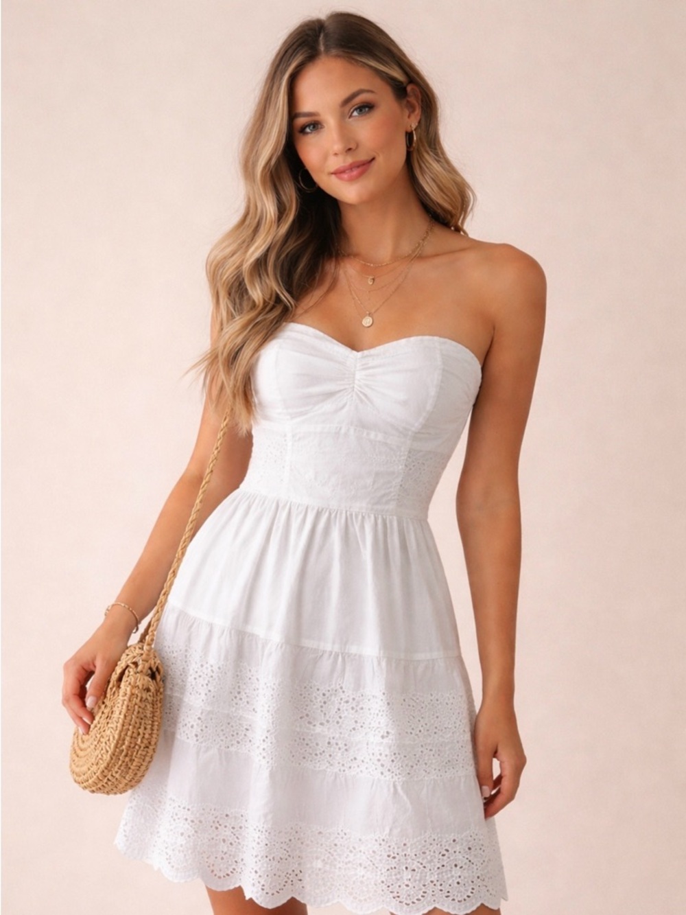 American Eagle Outfitters White Strapless Eyelet Sundress